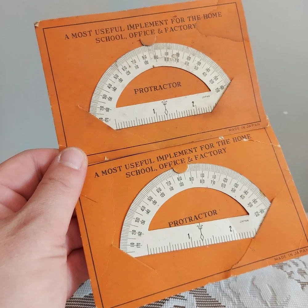 Vintage Japan White Metal Protractor Set 2pc Retro Drafting Ruler Math Tool